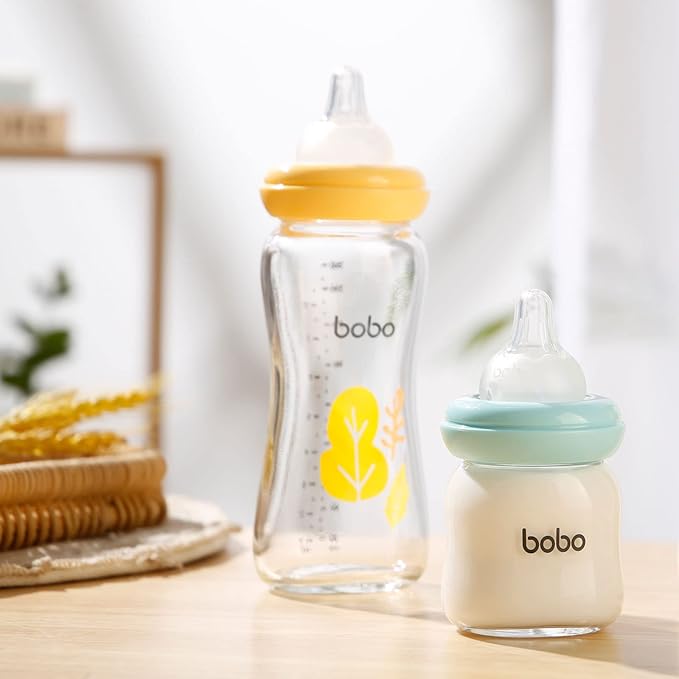 YOHKOH Natural Glass Baby Bottle with Natural Response Nipple, Newborn Anti-Colic Baby Bottles, Wide Neck Mushroom Cap Baby Bottle, Clear (3.4oz (Pack of 2), Red)-BubblyBeeBaby