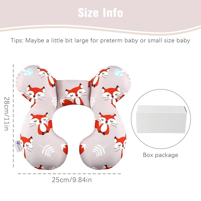 vocheer Baby Travel Pillow(Upgraded), Head and Neck Support Pillow for Pushchair, Car Seat,Stroller, Bouncer, Cotton, Orange Fox-BubblyBeeBaby