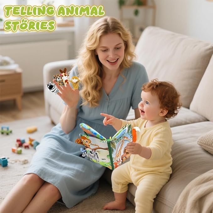Baby Toys 0-6 Month, Crinkle Books for Babies, Jungle Tails Soft Baby Cloth Books 6 to 12 Months with 10 Pcs Jungle Animal Finger Puppets, Infant Tummy Time Sensory Toys, Newborn Gifts for Boys Girls-BubblyBeeBaby