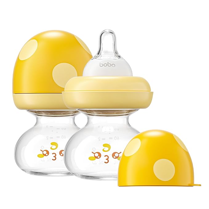 YOHKOH Newborn Glass Baby Bottles with Slow Flow Nipple for 0+ Months, Wide Neck Feeding Bottle, 2.7oz/80ml (Yellow, 2.7oz (Pack of 2))-BubblyBeeBaby
