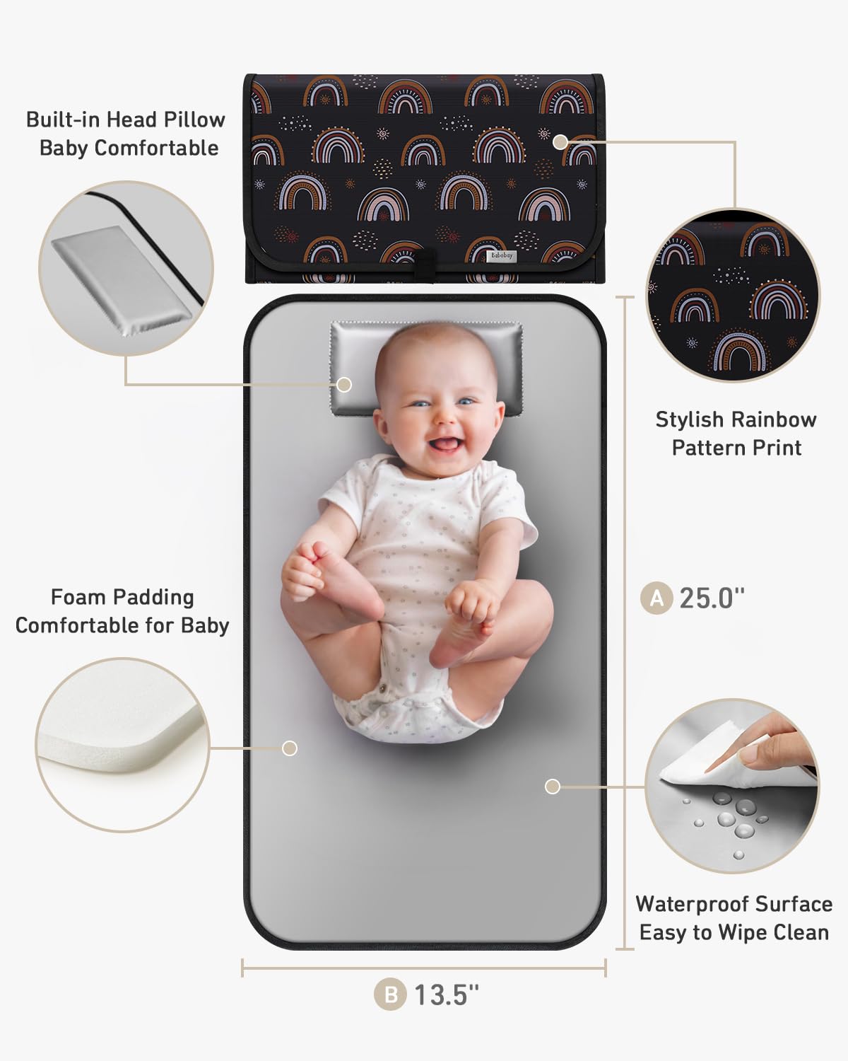 Babebay Portable Diaper Changing Pad, Waterproof Foldable Travel Changing Mat for Baby Boy Girl, Lightweight Travel Changing Station, Boho Geometric Pattern