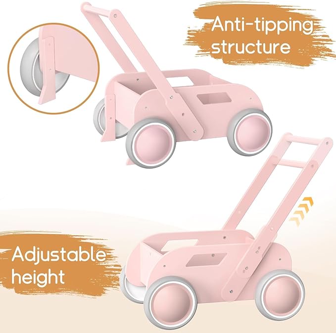 2025 HOMEKOL Wooden Baby Walker,Baby Push Walker, Adjustable Speed Baby Walker for Boys and Girls, Baby Activity Center, Gift for Birthday, Christmas and New Year Nature Pink-BubblyBeeBaby