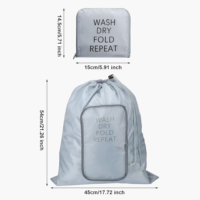 2 Pcs Travel Laundry Bag Washable Dirty Clothes Bag with Drawstring and Zipper for Suitcase, 22 x 18 Inch (Gray, Blue,Classic)-BubblyBeeBaby