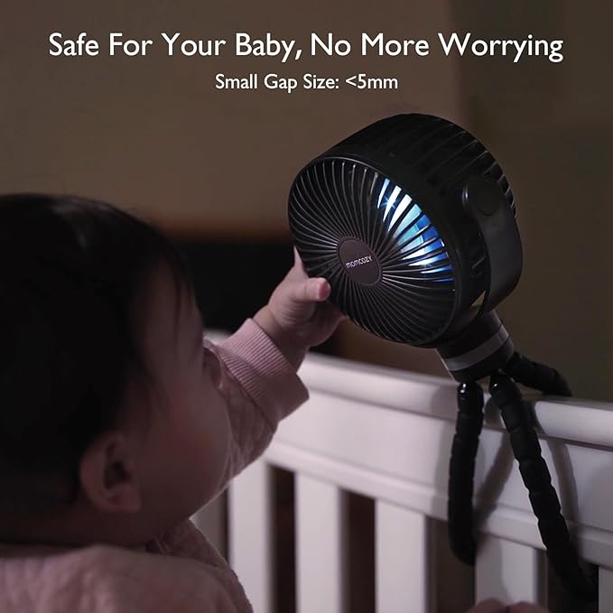 Momcozy Portable Stroller Fan, 8000mAh, 27H Ultra-long Battery Life, Detachable 4 Speed 360°Rotate, LED Night Light with 2 Modes, USB Rechargeable Handheld Cooling Fan for Travel, Car Seat, Bedroom-BubblyBeeBaby