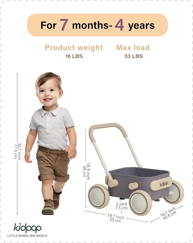 Kidpop PULA 2-in-1 Push and Pull-Along Wagon, Baby Push Walker for First Learner from 7 Month to 4 Year, One Year Birthday Gifts, Sturdy and Safe, Indoors and Outdoors (Purple)-BubblyBeeBaby