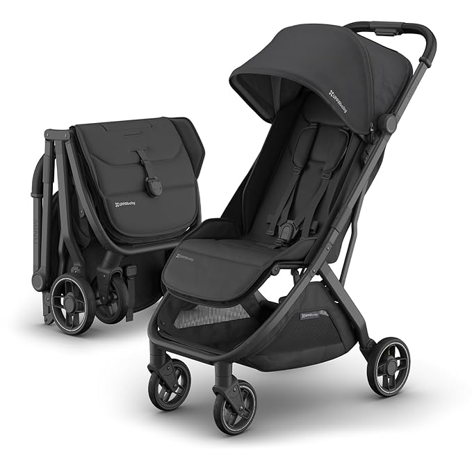 UPPAbaby Minu V3 Travel Stroller | Lightweight + Compact Design | One-Hand Fold + Unfold | from Birth + Overhead Compatible | Jake (Charcoal/Carbon Frame/Black Leather)-BubblyBeeBaby