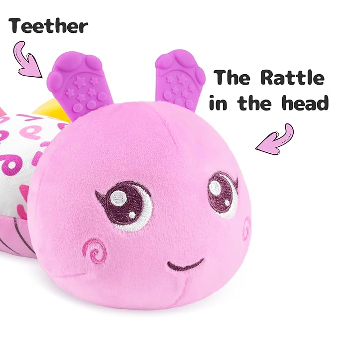 Infant Baby Musical Stuffed Animal Activity Soft Toys with Multi-Sensory Crinkle, Rattle and Textures for 0-3-6-12 Months Developmental Toys, Caterpillar, Purple-BubblyBeeBaby