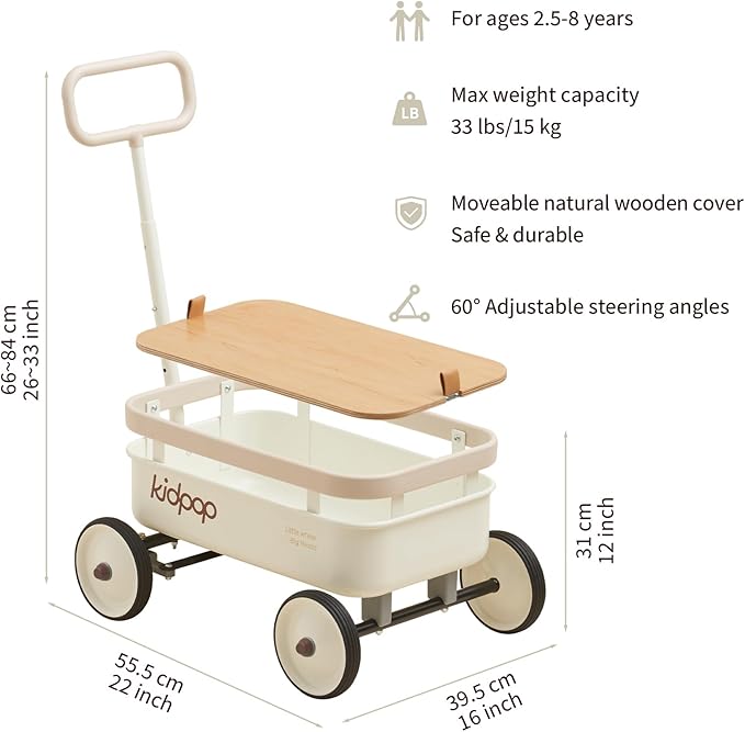 kidpop PULA-Wild 3-in-1 Kids' Pull-Along Wagon Toddlers Push Walker for 2.5-8, Removable Wooden Cover and Adjustable Handlebar, Birthday Gifts Max Weight 33 lbs (White)-BubblyBeeBaby
