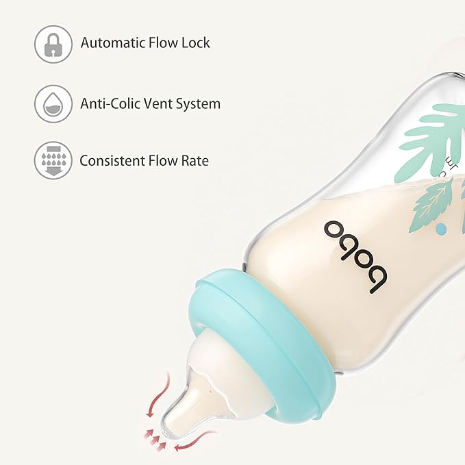 YOHKOH Natural Glass Baby Bottle with Natural Response Nipple, Newborn Anti-Colic Baby Bottles, Wide Neck Mushroom Cap Baby Bottle, Clear ((5.4oz (Pack of 2), Blue-A)-BubblyBeeBaby