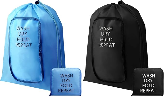 2 Pcs Travel Laundry Bag Washable Dirty Clothes Bag with Drawstring and Zipper for Suitcase, 22 x 18 Inch (Black, Blue,Classic)-BubblyBeeBaby