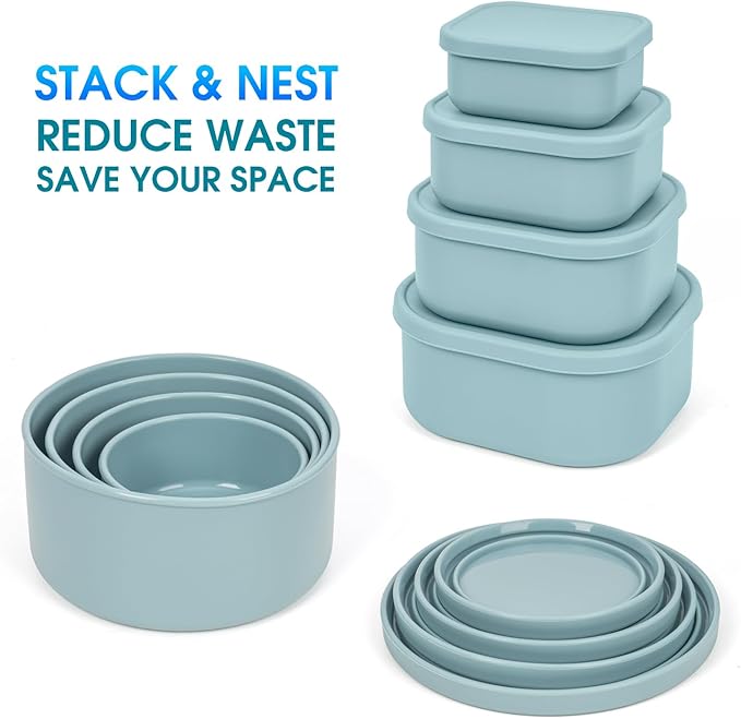 100% Silicone Food Storage Containers with Lids, 8 Pack, 10oz to 51oz, Reusable Leakproof Nesting & Stackable Silicone Bento Lunch Box, Microwave Freezer Dishwasher Oven Safe, BPA Free, Slate Green-BubblyBeeBaby
