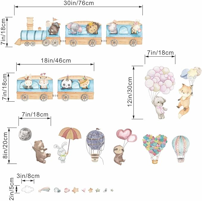 Hot Air Balloon Animal Wall Decals - Elephant Lion Giraffe Train Animal Wall Stickers - Baby Nursery Kids Girls Bedroom Daycare Wall Decor-BubblyBeeBaby