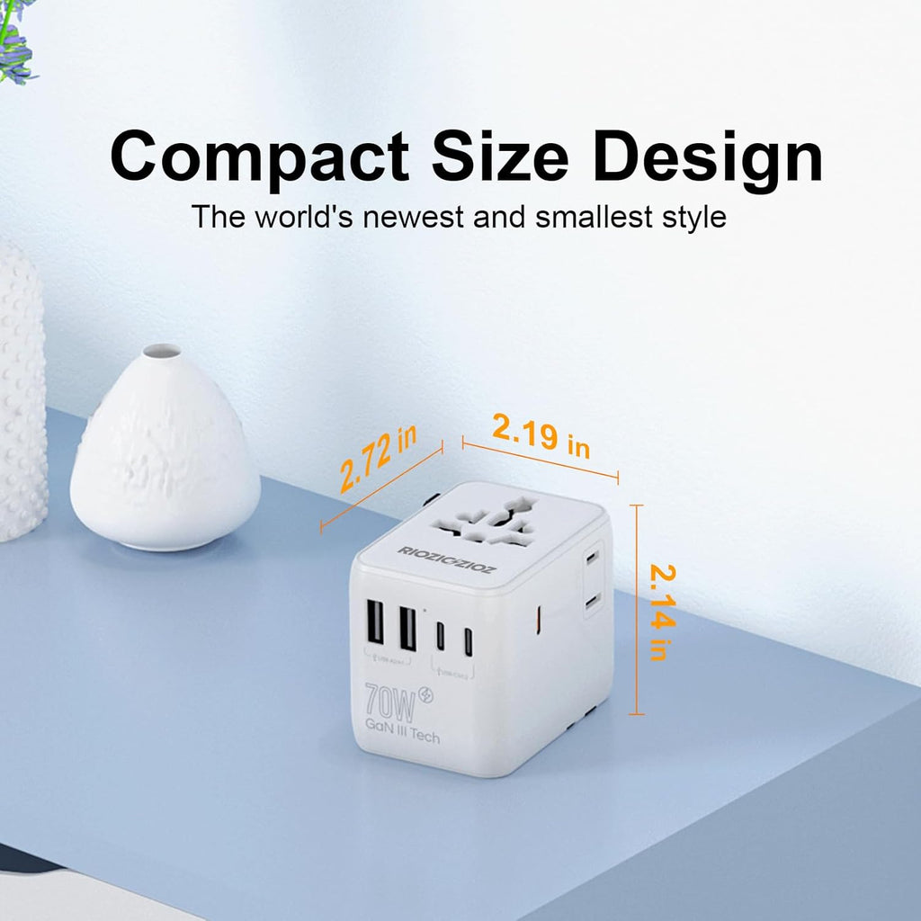 Universal Travel Adapter, RIOZIOZIOZ GaN III Worldwide Portable Adaptor with 70W PD Fast Charging, 7 Ports(2AC Socket&3USB-C&2USB-A), European Travel Essentials for EU/US/UK/AU/JP Power Plug