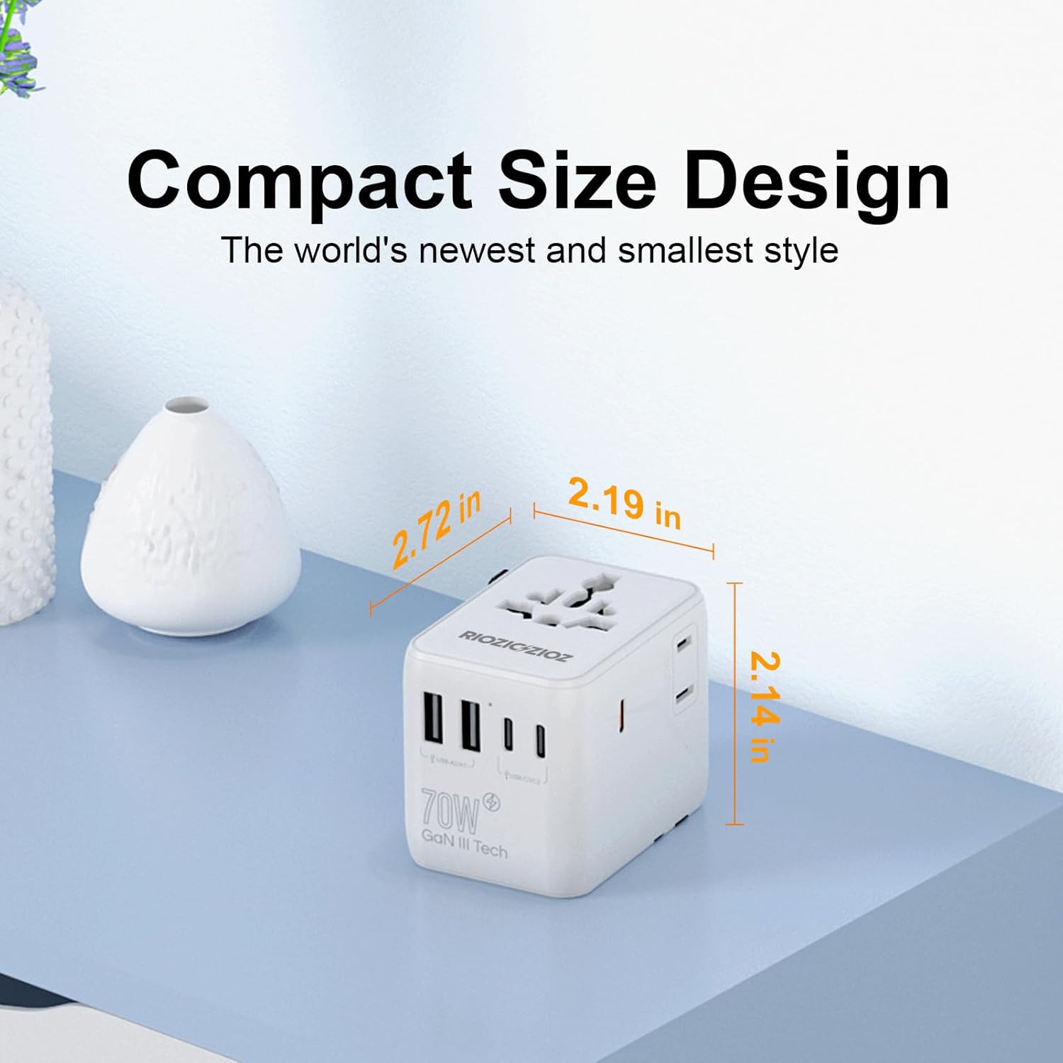 Universal Travel Adapter, RIOZIOZIOZ GaN III Worldwide Portable Adaptor with 70W PD Fast Charging, 7 Ports(2AC Socket&3USB-C&2USB-A), European Travel Essentials for EU/US/UK/AU/JP Power Plug