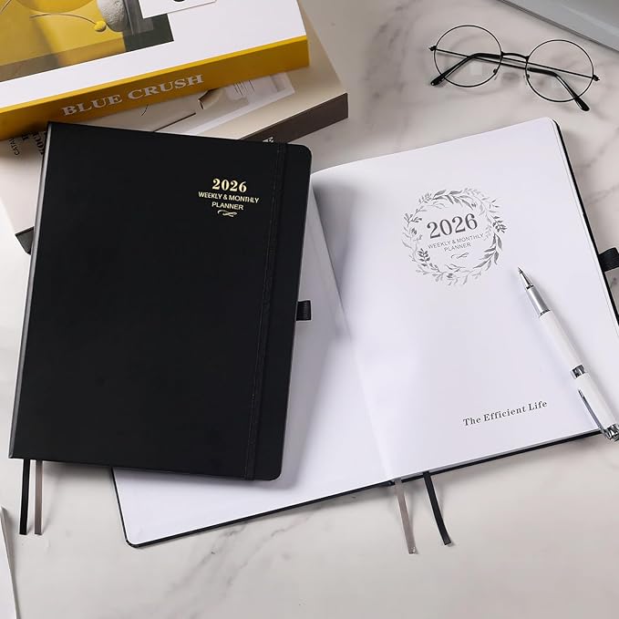 2026 Planner - 2026 Planner Weekly and Monthly, JAN 2026 - DEC 2026, Calendar Planner with Hardcover,Thick Paper, Back Pocket, Notes Pages, Pen Loop (9" x 11") - Black-BubblyBeeBaby