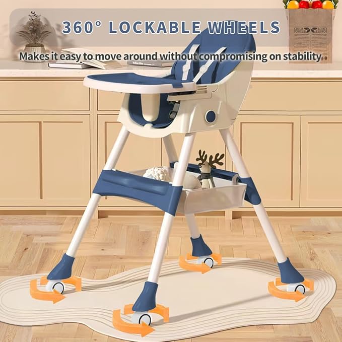 High Chairs for Babies and Toddlers, 4 in 1 Convertible Baby High Chair, Portable High Chair for Travel with Adjustable Height and Back, Foldable HighChair with Wheels& Pu Cushion-BubblyBeeBaby