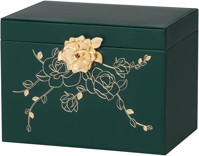 Jewelry Box with Lock for Girls: Jewelry Organizer for Dresser - 3-Drawer Earrings Storage Girls Women Gift (Dark Green)-BubblyBeeBaby