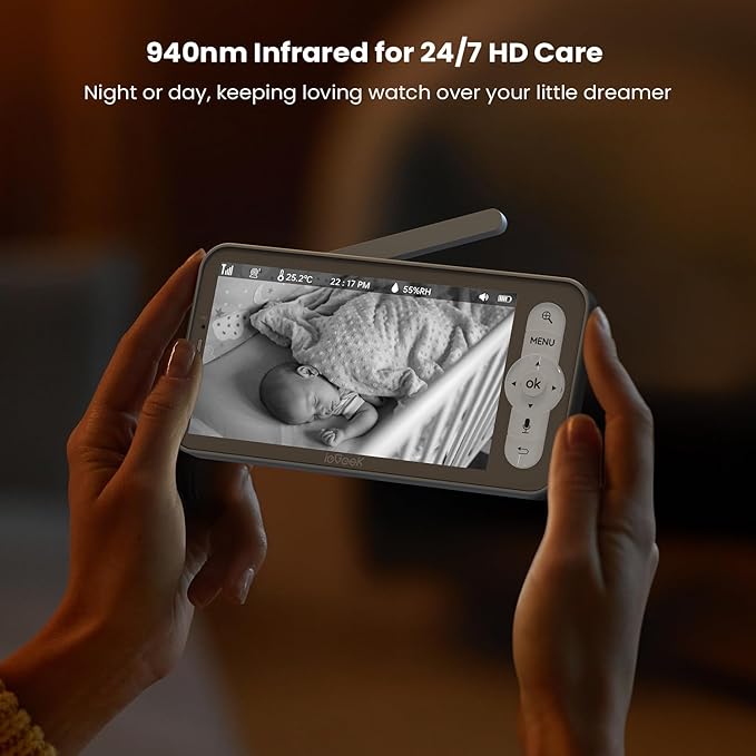 ieGeek Baby Monitor with 2K Camera and Audio - Video Monitor with 5" Screen - Night Vision, Two-Way Talk, Cry & Motion Detection, Temper& Humidity Sensor, PTZ, Remote Control via Screen and Free APP-BubblyBeeBaby