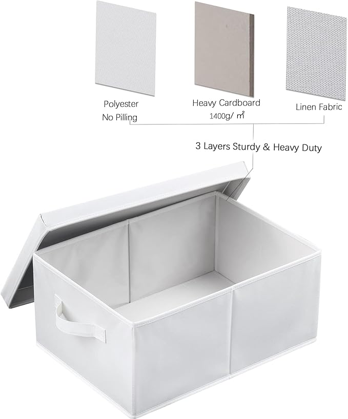 HOONEX Storage Bins with Lids for Organizing, Pack of 2, Storage Boxes with 2 Carrying Handles and Sturdy Heavy Cardboard, 16.5" L x 11.8" W x 7.5" H for Shoes, Books, Clothes, Nursery, White-BubblyBeeBaby