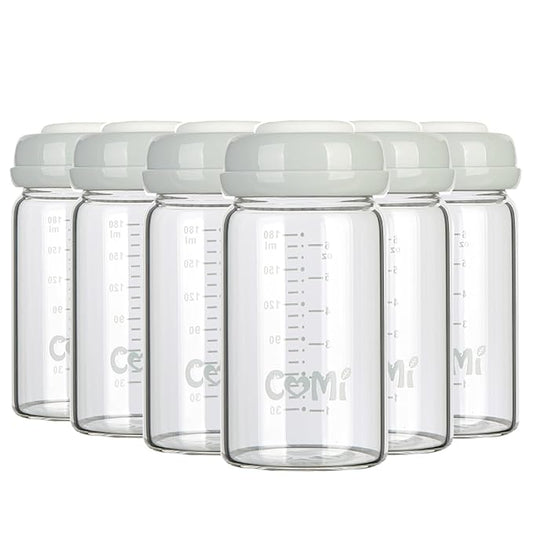 COMI Wide Neck Glass Breastmilk Collection n Storage Bottle, 6oz with Screw Ring Sealing Disk; Re-markable Sealing Disc. BPA Free, Fits Breast Pumps & Nipples (Gray Lids)-BubblyBeeBaby