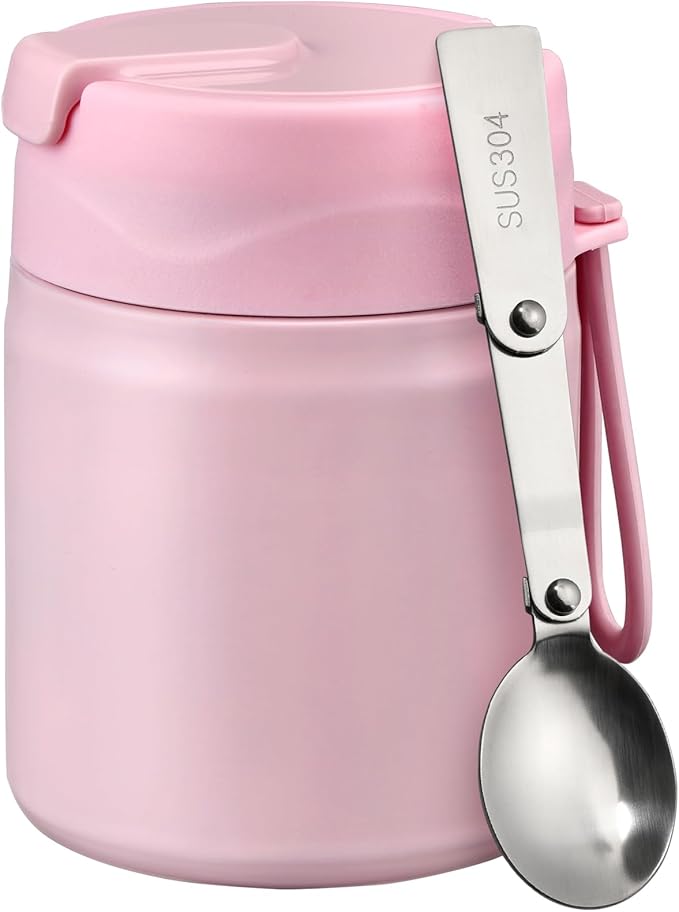 17oz Soup Thermo for Hot Food Kids Insulated Vacuum Food Jar with Stainless Steel Spoon Wide Mouth Thermo Leakproof Lunch Food Container Kids Hot Lunch Box (Pink)-BubblyBeeBaby