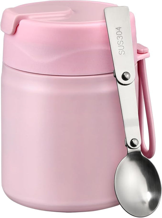 17oz Soup Thermo for Hot Food Kids Insulated Vacuum Food Jar with Stainless Steel Spoon Wide Mouth Thermo Leakproof Lunch Food Container Kids Hot Lunch Box (Pink)-BubblyBeeBaby