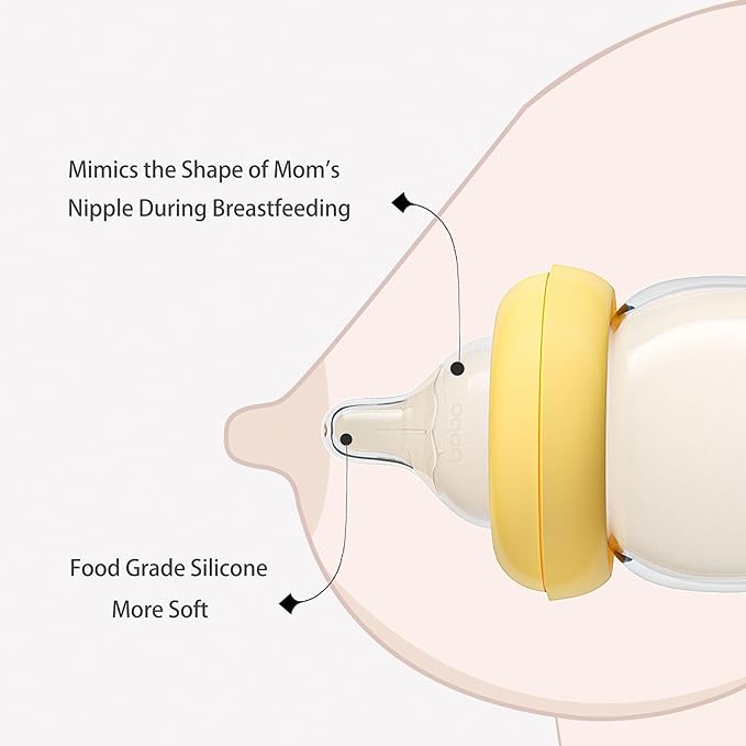 YOHKOH Natural Glass Baby Bottle with Natural Response Nipple, Newborn Anti-Colic Baby Bottles, Wide Neck Mushroom Cap Baby Bottle, Clear (8.8ounce (Pack of 4), Yellow1)-BubblyBeeBaby