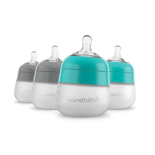 Nanobebe Flexy Silicone Baby Bottle, Anti-Colic, Natural Feel, Non-Collapsing Nipple, Non-Tip Stable Base, Easy to Clean 4-Pack, Grey/Teal, 5 oz-BubblyBeeBaby