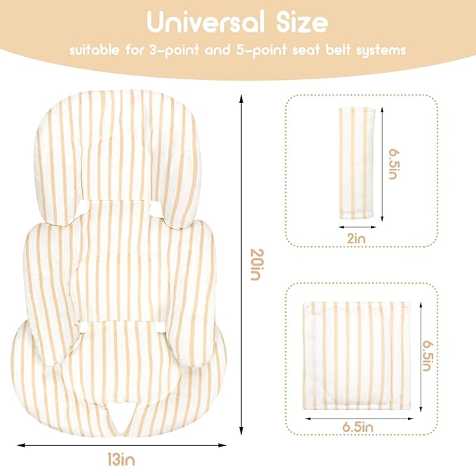 Infant Car Seat Insert, Car Seat Head Support Baby Girls Boys, Soft & Reversible Newborn Carseat Insert Cushion with 2 Strap Covers, for Stroller, Swing, Bouncer (Brown Line)-BubblyBeeBaby