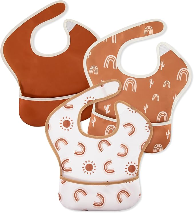 Mess Proof Baby Bib 3 Pack, Waterproof Led Weaning Baby Feeding Bibs with Food Catcher, Travel Feeding Bibs-BubblyBeeBaby