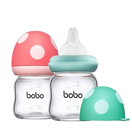 YOHKOH Natural Glass Baby Bottle with Natural Response Nipple, Newborn Anti-Colic Baby Bottles, Wide Neck Mushroom Cap Baby Bottle, Clear (3.4oz (Pack of 2), Multicolour)-BubblyBeeBaby