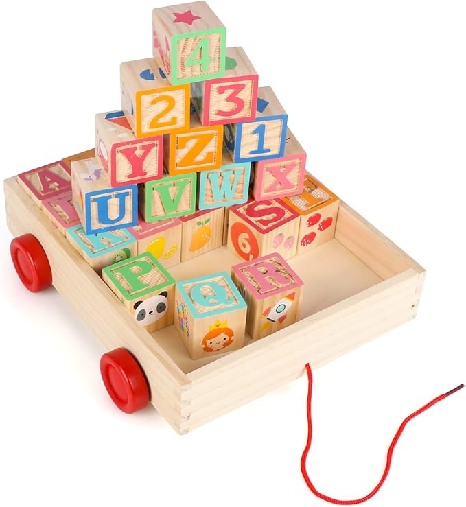Joqutoys Wooden Building Blocks for Toddlers 1-3, Large Wood Baby Stacking Blocks Set for Kids, 30 PCS Alphabet Blocks with Toy Wagon, Educational Wooden Toys for Boys Girls Gifts 1.65"-BubblyBeeBaby