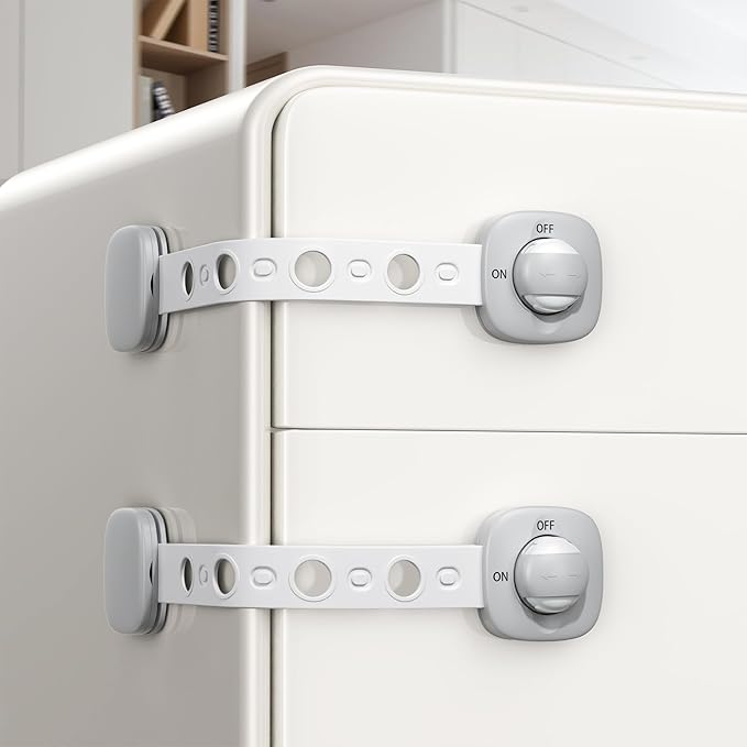 2 Pack Cabinet Locks/Refrigerator Locks Baby Proofing - Child Proof Locks for Drawer, Refrigerator, Fridge, Toilet Seat-No Screws or Tools Required (2 Pack-Grey Locks)-BubblyBeeBaby