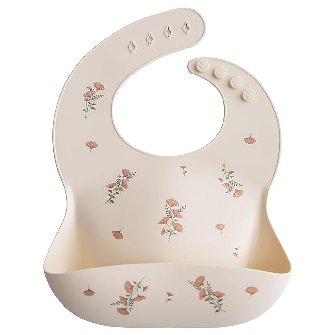 mushie Silicone Baby Bib | Adjustable Fit Waterproof Bibs (Pink Flowers)-BubblyBeeBaby