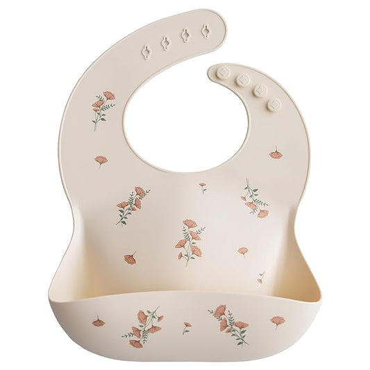 mushie Silicone Baby Bib | Adjustable Fit Waterproof Bibs (Pink Flowers)-BubblyBeeBaby