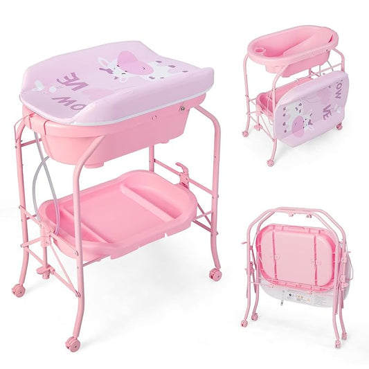 HONEY JOY Baby Changing Table with Bathtub, Foldable Infant Diaper Changing Station with Wheels, Storage Tray, Waterproof Pad, Portable Newborn Nursery Organizer Bath Stand for Boys Girls (Pink)-BubblyBeeBaby