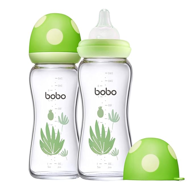 YOHKOH Natural Glass Baby Bottle with Natural Response Nipple, Newborn Anti-Colic Baby Bottles, Wide Neck Mushroom Cap Baby Bottle, Clear (Green, (8.8oz (Pack of 2))-BubblyBeeBaby
