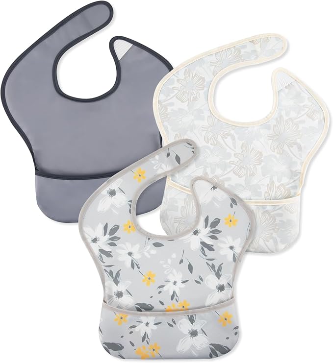 Mess Proof Baby Bib 3 Pack, Waterproof Led Weaning Baby Feeding Bibs with Food Catcher, Travel Feeding Bibs-BubblyBeeBaby
