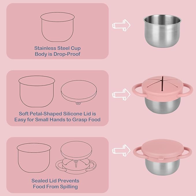 2 Pack Snack Cups for Toddlers Spill Proof - Detachable Stainless Steel Toddler Snack Cups with Silicone Lids & Handles - Dishwasher Safe Baby Snack Containers for Mess-Free Snacking (Green and Pink)-BubblyBeeBaby