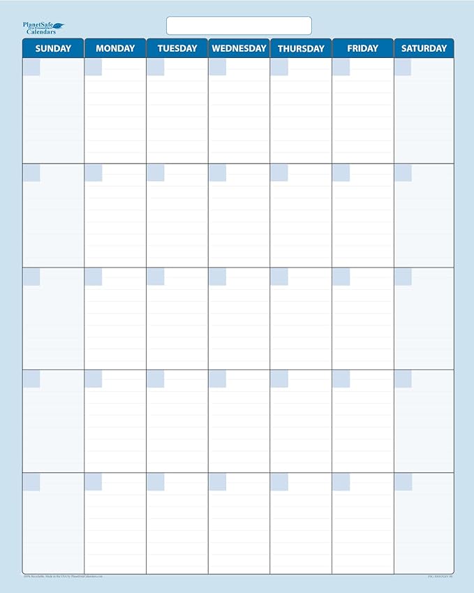 24" x 18" Sky Blue Vertical 30-Day Dry-Erase Task, Goals and Objective 1-Month erasable Wall Planner Calendar. Complete with Fine Tip Dry-Erase Marker and Eraser-BubblyBeeBaby