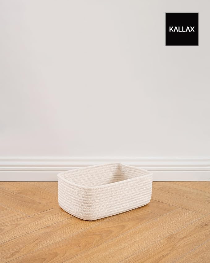 KALLAX Small Woven Basket, 12 x 8 x 4.5 Inches, Storage Basket for Organizing, Cute Small Rope Shelf Closet Cube Storage Bins Baskets for Shelves, Dog Toy Gift Baskets Empty, 3 Packs, Off White-BubblyBeeBaby