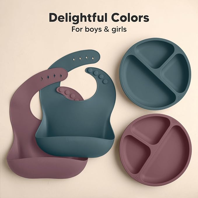 KeaBabies 2-Pack Silicone Baby Bibs for Eating - Sturdy Food-Grade Silicone Bibs for Babies Girl, Boy, Large Food Catcher, Clean & Put On Easily, Waterproof Toddler Feeding Essentials (Rocky)-BubblyBeeBaby