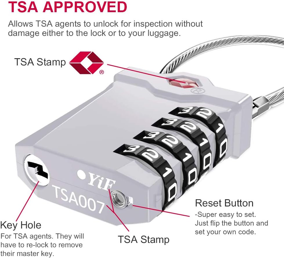 ZHEGE TSA Approved Lock, 4 Digit Cable Luggage Lock, Travel Lock with White Number, Flexible TSA Cable Lock for Suitcase, Gym Locker, School Locker, Easy to Read (1 Pack, Sliver)