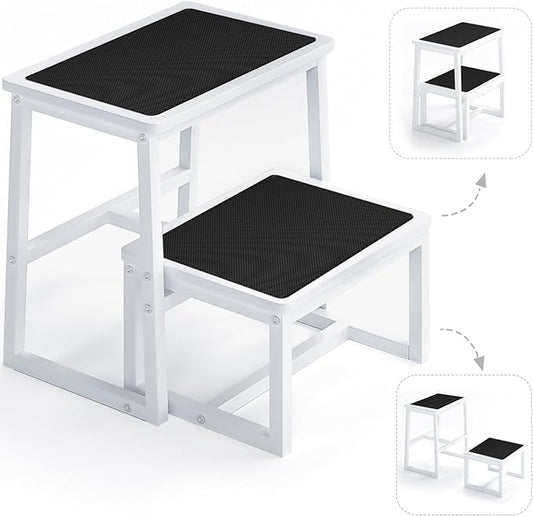 2 Step Stools for Adults Kids, Anti-Slip Sturdy Wooden Foot Stools with 500 Lbs Capacity for High Beds,Closet, Bathroom,Kitchen, Potty Training-BubblyBeeBaby