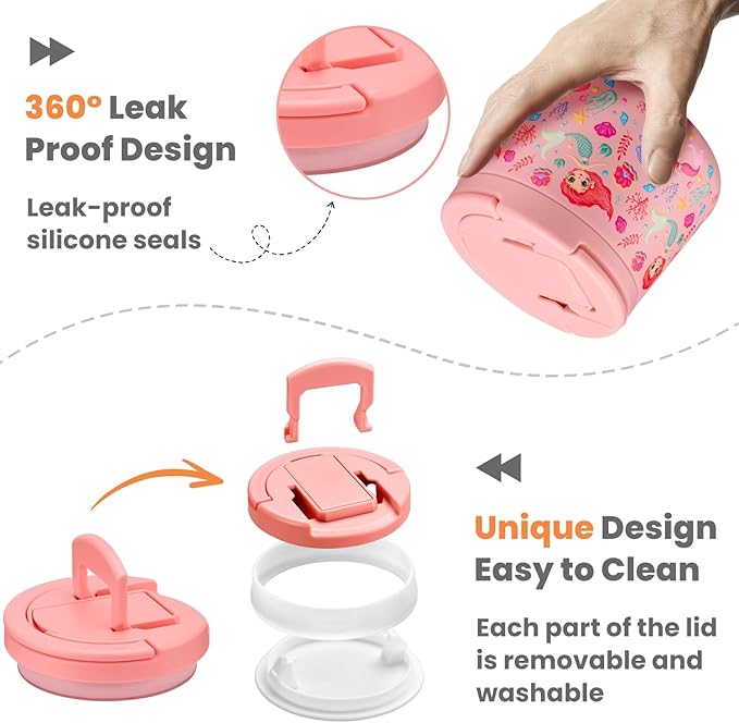 14oz Insulated Vacuum Food Jar with Buckle Lid,Soup Thermo for Hot Food Kids,Wide Mouth Leakproof Stainless Steel Lunch Container with Spoon-Mermaid-BubblyBeeBaby