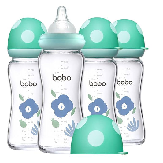 YOHKOH Natural Glass Baby Bottle with Natural Response Nipple, Newborn Anti-Colic Baby Bottles, Wide Neck Mushroom Cap Baby Bottle, Clear (Blue, (8.8oz (Pack of 4))-BubblyBeeBaby