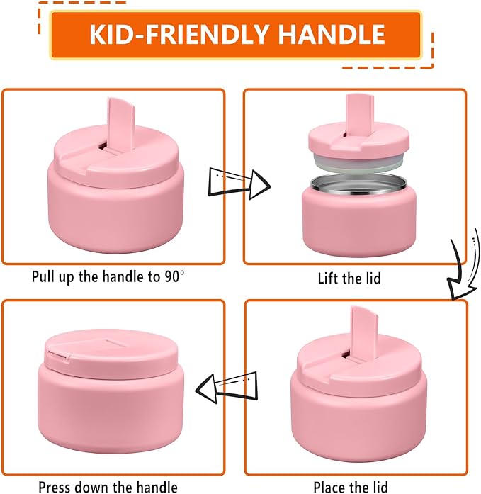 13.5oz Kids Thermos for Hot Food, Insulated Vacuum Food Jar with Buckle Lid, Stainless Steel Wide Mouth Leak Proof Insulated Lunch Container for School Picnic Travel,Pink-BubblyBeeBaby
