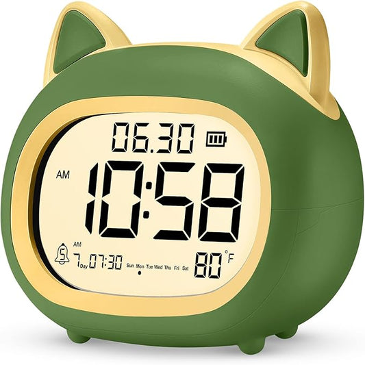 Kids Alarm Clock with Night Light for Kids, Small Digital Alarm Clocks for Bedrooms, Routine Builder, Cute Cat Alarm Clock with Sleep Training, Snooze, 12/24H, Date & Day, Temperature, USB Port-BubblyBeeBaby