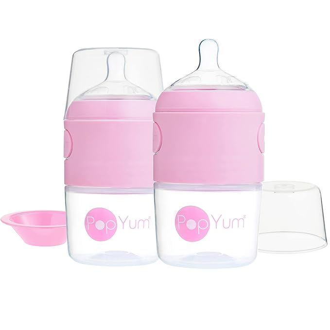 PopYum 5 oz Pink Anti-Colic Formula Making/Mixing/Dispenser Baby Bottles, 2-Pack with #1 Slow Flow Nipples, 150 ml, BPA-Free, Natural Latch-BubblyBeeBaby