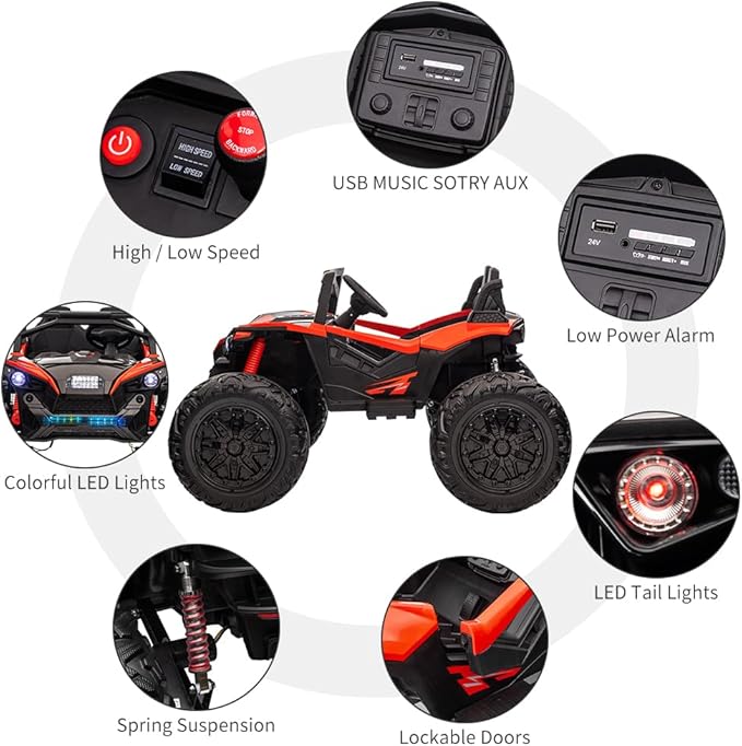 2 Seaters 24V Ride on UTV with Remote Control,10AH Battery, 400W Powerful Motors with 17" EVA Wheels, 20.5“ Seat Width Electric Ride Toy with Metal Suspension,LED Lights,Music,Horn (Red)-BubblyBeeBaby